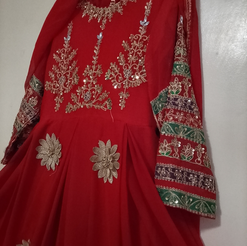 Elegant Red Embroidered Women's Dress
